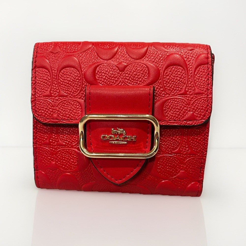 Coach Red Morgan C Embossed Bifold Wallet With Gold Buckle EUC